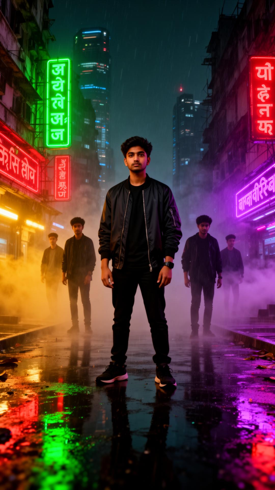 Young Indian founders rising from a neon cyberpunk city at night